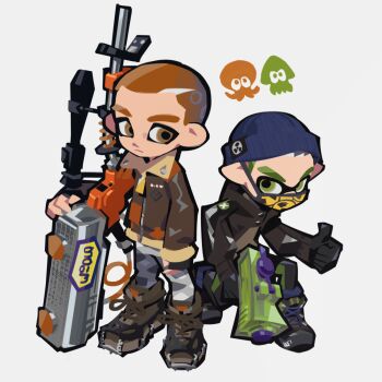  beanie black_gloves blue_hat boots brown_boots brown_eyes brown_hair brown_jacket buzz_cut camouflage camouflage_pants chinese_commentary closed_mouth commentary_request eye_mask fukurau full_body gloves green_eyes grey_background gun hat highres holding holding_gun holding_weapon jacket looking_at_viewer male_focus mask nintendo on_one_knee pants pointy_ears radiation_symbol short_hair simple_background skif_(stalker_2) snow_camouflage splatoon_(series) stalker_(game) stalker_2:_heart_of_chornobyl strider_(stalker) thumbs_up very_short_hair weapon white_background 