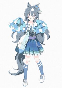  1girl animal_ears belt black_shirt blue_eyes blue_hair blue_necktie blue_skirt blue_socks blush breasts cheerleader collarbone collared_shirt hair_between_eyes hakugitsu hat highres holding holding_pom_poms horse_ears horse_girl horse_tail jacket kneehighs long_hair looking_at_viewer mole mole_under_eye multicolored_hair necktie parted_lips pleated_skirt pom_pom_(cheerleading) pom_poms purple_belt purple_eyes shirt shoes simple_background skirt smile socks solo tail umamusume verxina_(umamusume) white_background white_shirt 