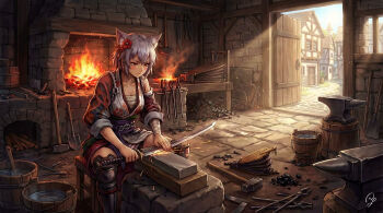  1girl absurdres animal_ear_fluff animal_ears anvil armor armored_boots bandaged_arm bandages blacksmith boots breasts brown_eyes cat_ears cat_girl chest_sarashi cleavage commentary_request flower_hairpin forge furnace greaves grey_hair hammer highres katana medieval medium_breasts on_stool open_door sarashi scenery sharpening short_hair signature sitting solo sweat sword weapon whetstone willta wizardry wizardry_variants_daphne 