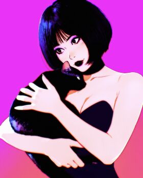  1girl animal bare_shoulders black_dress black_eyes black_hair blunt_bangs bob_cut breasts cat choker cleavage dress eyeshadow gradient_background highres holding holding_animal ilya_kuvshinov lipstick makeup medium_breasts original photoshop_(medium) pink_background short_hair solo strapless strapless_dress upper_body 