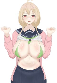 1girl aged_up alternate_breast_size_(larger) anb_(boianbe) antenna_hair bikini blonde_hair blue_sailor_collar blue_skirt blush breasts clothes_lift cowboy_shot dot_nose embarrassed female_focus green_bikini green_neckerchief hands_up huge_breasts long_sleeves looking_at_viewer medium_hair navel neckerchief open_clothes open_mouth open_sweater pink_sweater red_eyes sailor_collar shikanoko_nokonoko_koshitantan shirt shirt_lift simple_background skirt solo standing straight-on sweater swimsuit tanukikouji_kinu white_shirt