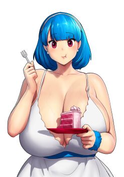  1girl bare_shoulders blue_hair blue_sash breasts cake cake_slice cleavage collarbone dress earrings eating erkaz eyebrows_hidden_by_hair food fork hairband huge_breasts jewelry medium_hair plate plunging_neckline red_eyes rina_atherina sash shiny_skin sideboob smile solo spaghetti_strap strawberry_cake sundress veins veiny_breasts white_background white_dress white_hairband wristband  rating:Questionable score:14 user:PotatoASD