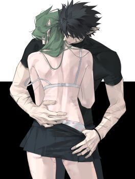  1boy 1girl absurdres alternate_hairstyle aotu_world ass back bite_mark black_hair black_pants black_shirt black_skirt bra bracelet closed_eyes closed_mouth facial_scar food_print from_behind fruit_print genderswap genderswap_(mtf) green_hair hair_down hand_on_another's_ass hand_on_another's_hip heart heart_print hetero highres hug jewelry long_hair miniskirt panties pants pleated_skirt pointy_ears print_panties ray_(aotu_world) ring scar scar_on_arm scar_on_cheek scar_on_face shirt short_hair short_sleeves skirt smile spiked_hair standing strawberry_panties strawberry_print underwear undressing_another unfastened white_bra white_panties xander_(aotu_world) yigeniuren 