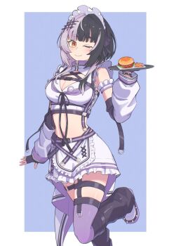  1girl ;) alternate_costume apron black_gloves black_hair black_leg_warmers blue_background border bracelet breasts burger closed_mouth commentary crop_top detached_sleeves fast_food fingerless_gloves food french_fries frilled_apron frilled_skirt frills gloves grey_hair hair_ornament highres holding holding_tray hololive hololive_english jewelry large_breasts leg_warmers light_blush long_hair looking_at_viewer maid_headdress mikeemyk1 multicolored_hair one_eye_closed outside_border purple_thighhighs shiori_novella shoes skirt smile solo spiked_bracelet spiked_shoes spikes split-color_hair standing standing_on_one_leg thigh_strap thighhighs tray two-tone_hair virtual_youtuber waist_apron waitress white_apron white_border white_skirt white_sleeves yellow_eyes 
