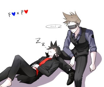  2boys age_difference ahoge animification barefoot black_coat black_hair black_necktie black_pants black_shoes black_vest blue_shirt brown_hair closed_eyes coat collared_shirt commentary_request eddsworld eko_endure future_tom_(eddsworld) hair_ears head-mounted_display korean_commentary lap_pillow long_sleeves looking_at_another male_focus midriff_peek multiple_boys necktie open_mouth pairing_name pants protected_link prototype_design red_shirt shadow shirt shoes short_hair simple_background sleeping speech_bubble spiked_hair time_paradox tom_(eddsworld) tord_(2004)_(eddsworld) tord_(eddsworld) trench_coat vest white_background yaoi zzz 