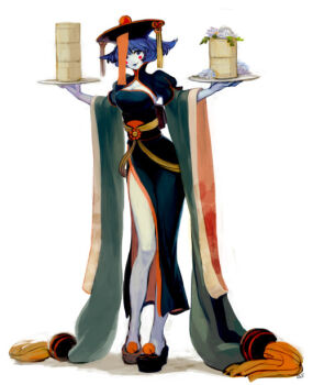  1girl capcom darkstalkers flower flower_pot formal_clothes hsien-ko jiangshi jiangshi_costume legs marvel_vs._capcom marvel_vs._capcom_3 skirt skirt_suit smile suit 