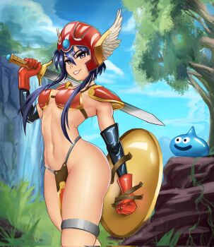  1girl alternate_costume armor armpits ass bikini_armor black_hair breasts collar commentary commission commissioner_upload cosplay dragon_quest dragon_quest_iii earrings elbow_gloves english_commentary fire_emblem fire_emblem:_genealogy_of_the_holy_war forest gloves helmet highres holding holding_sword holding_weapon jewelry larcei_(fire_emblem) loincloth looking_at_viewer medium_breasts metal_collar mon_eree nature navel nintendo nude outdoors over_shoulder public_indecency revealing_clothes rock shield short_hair shoulder_armor sidelocks skindentation slime_(dragon_quest) smile standing stomach sword sword_over_shoulder thighlet thighs tomboy warrior_(dq3) warrior_(dq3)_(cosplay) weapon weapon_over_shoulder winged_helmet 