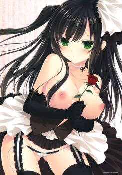  absurdres black_hair blush breasts character_request elbow_gloves flower garter_belt gloves green_eyes highres jewelry large_breasts long_hair makita_maki necklace nipples panties pearl_necklace rose skirt source_request underwear  rating:Questionable score:17 user:Igraine