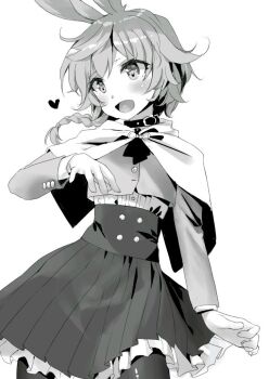  1girl black_pantyhose blazer blush braid capelet choker dot_nose female_focus flat_chest high-waist_skirt highres horn_(isekai_maou) isekai_maou_to_shoukan_shoujo_no_dorei_majutsu jacket layered_skirt loli long_sleeves medium_hair miniskirt monochrome novel_illustration official_art open_mouth pantyhose pleated_skirt rabbit_ears rabbit_girl shirt_tucked_in shirt_under_jacket skirt smile solo solo_focus tsurusaki_takahiro 