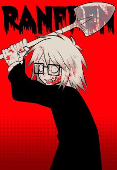  1boy absurdres arms_up blood blood_in_hair blood_on_face blood_on_hands fang glasses halftone halftone_background highres holding holding_shovel jacket looking_at_viewer male_focus otori_0 randal&#039;s_friends randal_ivory red_background short_hair shovel solo spot_color tongue tongue_out upper_body 