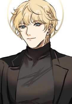  1boy aegyo_sal black_jacket black_shirt blonde_hair blue_eyes commentary english_commentary genderswap genderswap_(ftm) halo halo_behind_head high_collar highres jacket looking_at_viewer ochanomuu omniscient_reader's_viewpoint shirt smile solo upper_body uriel_(omniscient_reader's_viewpoint) 