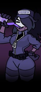  1girl alcohol awaria baba_yaga_(awaria) baseball_cap belt black_hair bottle breasts closed_eyes collared_jacket cowboy_shot doggyawoo drinking gloves hair_over_one_eye hat high_collar highres holding holding_bottle jacket medium_breasts medium_hair one_eye_covered scar scar_on_face scar_on_mouth sidelocks solo standing thighs utility_belt wallpaper_forced 