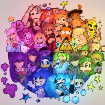 6+boys 6+girls alex_(minecraft) animal_crossing bill_cipher bubble bubbles_(ppg) character_request charlie_brown clipboard color_wheel_challenge copyright_request cupcake cupcake_(fnaf) disney donald_duck everyone flower food garfield garfield_(character) gen_1_pokemon gravity_falls hatsune_miku hello_kitty hello_kitty_(character) highres holding holding_clipboard isabelle_(animal_crossing) kirby kirby_(series) link littlest_pet_shop littlest_pet_shop_(2012) luigi magikarp mario_(series) meiko_(vocaloid) minecraft moomin multiple_boys multiple_drawing_challenge multiple_girls mumbobee my_little_pony nintendo peanuts_(comic) pikmin_(creature) pikmin_(series) pokemon pokemon_(creature) pompompurin powerpuff_girls princess princess_peach purple_flower puss_in_boots_(shrek) rainbow rainbow_dash rainbow_order sanrio shrek_(series) snufkin sonic_(series) sonic_the_hedgehog sparkle spinel_(steven_universe) star_(symbol) steven_universe the_legend_of_zelda toon_link toy_chica vocaloid zoe_trent