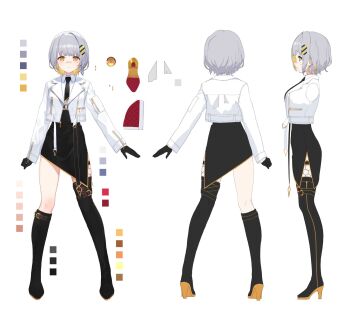  1girl asymmetrical_legwear bandaid bandaid_on_face bandaid_on_nose black_boots black_gloves black_necktie black_skirt blonde_hair boots breasts collared_shirt color_guide colored_inner_hair colored_shoe_soles commentary_request cropped_jacket gloves grey_hair hachi_(live_union) hair_ornament highres izumi_sai jacket live_union long_sleeves medium_breasts multicolored_hair multiple_views necktie official_art open_clothes open_jacket reference_sheet second-party_source shirt shoe_soles short_hair simple_background skirt thigh_boots uneven_legwear virtual_youtuber white_background white_jacket white_shirt yellow_eyes 