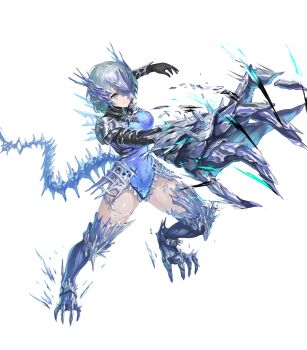  1girl asymmetrical_gloves attack black_gloves blue_eyes blue_gloves blue_leotard breasts claws eye_mask facial_hair fimbulvetr_(fire_emblem) fire_emblem fire_emblem_heroes gloves half_eye_mask high_heels highres large_breasts leotard mask mismatched_gloves nintendo non-web_source official_art partial_transformation short_hair solo tail white_hair 