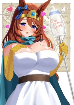  1girl absurdres animal_ears baby_bottle blue_cape bottle breasts brown_hair cape cleavage commentary_request cosplay dragon_quest dragon_quest_iii elbow_gloves gloves heart highres holding holding_staff horse_ears horse_girl large_breasts long_hair looking_at_viewer narumi_yuzurai open_mouth sage_(dq3) sage_(dq3)_(cosplay) smile solo staff super_creek_(umamusume) umamusume yellow_gloves 
