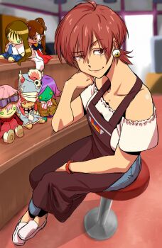  1girl apron black_apron blurry blurry_background brown_hair chikyuu_boei_kigyou_dai-guard doll domeki_rika earrings eyeball_earrings flcl full_body gridman_universe haruhara_haruko highres indoors jakuzure_nonon jewelry jino_mou kareshi_kanojo_no_jijou kill_la_kill looking_at_viewer mature_female midori_(uchuu_patrol_luluco) off-shoulder_shirt off_shoulder print_apron shadow shibahime_tsubasa shintani_mayumi shirt shoes short_hair sitting smile solo ssss.gridman stool takarada_orie uchuu_patrol_luluco voice_actor_connection white_shirt white_shoes 
