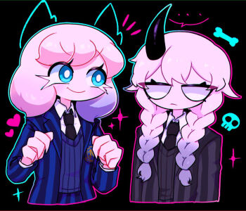  ... 2girls arms_at_sides black_background black_horns black_jacket black_necktie black_skirt black_sweater blank_eyes blue_eyes blue_jacket blue_outline blue_skirt blue_sweater blush bone braid bright_pupils chromatic_aberration closed_mouth collared_shirt colored_skin commentary_request cosplay cropped_torso cutout_eyelashes cxolzayti1bx36l demon_girl demon_horns double-parted_bangs dual_persona enid_sinclair enid_sinclair_(cosplay) expressionless eyes_visible_through_hair fewer_digits flat_chest friday_night_funkin' frown gradient_hair hair_between_eyes hair_flaps hair_over_shoulder hands_up horns jacket jitome layered_sleeves long_hair long_sleeves looking_at_viewer low_twin_braids medium_hair multicolored_hair multiple_girls necktie no_eyebrows no_nose notice_lines outline pink_hair pink_outline pink_skin rasazy_(friday_night_funkin') ribbed_sweater school_uniform shirt simple_background single_horn skirt skull smile sparkle spoken_ellipsis striped_clothes striped_jacket striped_skirt sweater swept_bangs tareme the_addams_family twin_braids two-tone_hair v-neck v-shaped_eyebrows vertical-striped_clothes vertical-striped_jacket vertical-striped_skirt wednesday_(netflix) wednesday_addams wednesday_addams_(cosplay) white_pupils white_shirt 