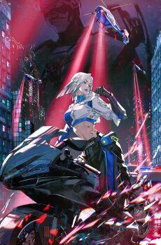  1girl aircraft black_gloves black_pants blue_eyes blue_eyeshadow blue_jacket blue_lips blue_nails car chinese_commentary city cropped_jacket eyeshadow floating_hair gloves glowing grey_hair hair_behind_ear hela_(high_energy_heroes) helicopter high_energy_heroes highres jacket makeup motor_vehicle motorcycle pants parted_lips partially_fingerless_gloves police police_car police_helicopter simian_chuge solo_focus white_jacket 