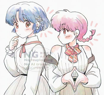  2girls alternate_hairstyle blue_hair blush_stickers braid brown_eyes closed_mouth commentary_request con_sonne dot_mouth dress earrings eye_contact frills gesture_request hair_ornament hairclip hand_up jewelry looking_at_another multiple_girls pale_skin pink_hair ranma-chan ranma_1/2 short_hair single_braid tendou_akane upper_body white_dress 