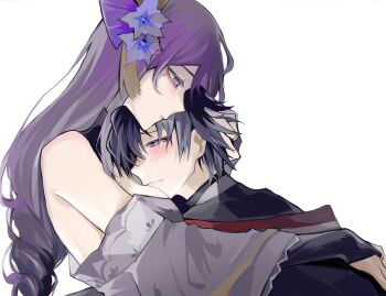 1boy 1girl bare_shoulders blue_hair blunt_bangs blush braid bridal_gauntlets chinese_commentary closed_mouth commentary_request crying crying_with_eyes_open eyeliner from_side genshin_impact hair_ornament hand_on_another's_back hand_on_another's_head head_on_chest highres hug japanese_clothes kimono leaning_back leaning_forward leaning_on_person liji long_sleeves looking_down makeup mole mole_under_eye mother_and_son off_shoulder purple_eyes purple_hair purple_kimono raiden_shogun red_eyeliner sad scaramouche_(genshin_impact) single_braid tears undressing upper_body white_background wide_sleeves 