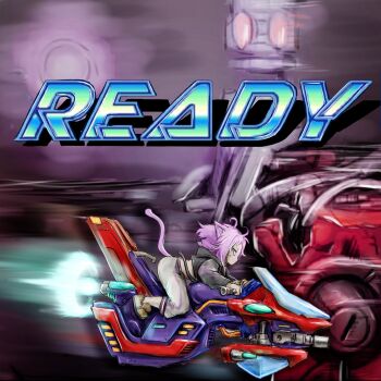  1girl ahoge animal_ears cat_ears cat_girl cat_tail commentary_request copyright_request from_side gameplay_mechanics grey_pants highres hololive hood hoodie leaning_against_vehicle long_sleeves nekomata_okayu nekomata_okayu_(1st_costume) nymph_rhythm pants puffy_sleeves purple_eyes purple_hair riding tail virtual_youtuber 