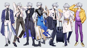  1boy abs alternate_costume antenna_hair armor black_choker black_gloves black_necktie black_pants black_shirt black_sweater blue_coat blue_eyes choker coat collared_shirt commentary_request dawnmaker_(honkai:_star_rail) fingerless_gloves gloves highres holding holding_plate holding_sword holding_weapon honkai:_star_rail honkai_(series) hood hoodie male_focus multiple_views neck_tattoo necktie official_alternate_costume open_clothes open_coat open_hoodie open_shirt pants parted_bangs pauldrons phainon_(alternate_spacetime)_(honkai:_star_rail) phainon_(anan)_(honkai:_star_rail) phainon_(chrysos_chef)_(honkai:_star_rail) phainon_(fashion)_(honkai:_star_rail) phainon_(honkai:_star_rail) phainon_(luckin_coffee)_(honkai:_star_rail) plate purple_pants shirt short_hair shoulder_armor single_pauldron sun_symbol sun_tattoo sweater sword tan tattoo toned toned_male turtleneck turtleneck_sweater weapon white_coat white_hair white_pants white_shirt yellow_hoodie yuelinpanp98413 