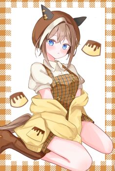  1girl animal_ears blue_eyes boots brown_background brown_boots brown_dress brown_hair brown_hat cheval_grand_(umamusume) collared_shirt commentary_request dress ears_through_headwear food hat highres horse_ears horse_girl horse_tail jacket looking_at_viewer moko_(mokochisa) multicolored_hair pinafore_dress pudding puffy_short_sleeves puffy_sleeves seiza shirt short_hair_with_long_locks short_sleeves sitting sleeveless sleeveless_dress solo streaked_hair tail umamusume white_hair white_shirt yellow_jacket 