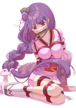 1girl absurdres arms_behind_back bdsm blunt_bangs blush bondage bound bound_arms bound_legs braid breast_bondage breasts cailin020 commentary english_commentary fan_hair_ornament gag gag_harness gagged genshin_impact highres japanese_clothes kimono leaning_to_the_side long_hair looking_to_the_side low-tied_long_hair makoto_(genshin_impact) pink_kimono purple_eyes purple_hair red_rope red_sash restrained rope sash shade shadow shibari shibari_over_clothes single_braid solo_focus thighs white_background wide_sleeves yae_miko yae_miko_(fox)