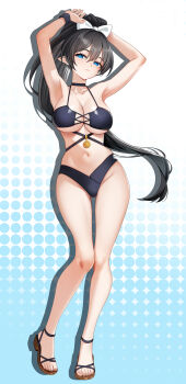  1girl absurdres armpit_focus armpits arms_up bikini black_bikini black_choker black_hair blue_background blue_eyes blush bow breasts choker cleavage closed_mouth collarbone dopamine70 full_body gluteal_fold gradient_background hair_bow halftone halftone_background high_ponytail highres large_breasts long_hair looking_at_viewer mole mole_under_eye navel original pointy_ears ponytail presenting_armpit sandals skindentation solo standing swimsuit very_long_hair white_bow wristband 