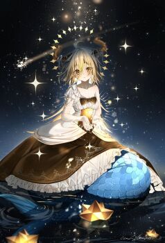  1girl ahoge blonde_hair blue_tail blush breasts brown_dress cleavage commentary_request dress goat_horns hair_on_horn halo hexagram highres holding horizontal_pupils horns looking_at_viewer medium_hair mermaid monster_girl night original partially_submerged scales shooting_star signature single_bare_shoulder sitting sky small_breasts solo sparkle star_(sky) star_halo star_of_david two-tone_dress water white_dress yoruhoshi_owl 
