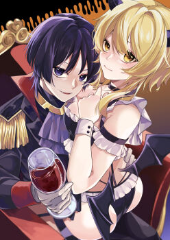  1boy 1girl absurdres alcohol alternate_costume alternate_species ascot ass bandeau black_bandeau black_choker black_horns black_jacket black_panties black_pants black_shirt black_sleeves black_wings blonde_hair blunt_ends breasts choker choppy_bangs closed_mouth cup demon_girl demon_horns demon_wings detached_sleeves drinking_glass epaulettes eyelashes eyeliner fangs frilled_bandeau frilled_panties frilled_sleeves frills genshin_impact gloves gradient_background halloween_costume hand_up hetero high_collar highres holding holding_cup horns iwoarazumi129 jacket jewelry lapels long_sleeves looking_at_viewer low_wings lumine_(genshin_impact) makeup medium_breasts neck_ring open_mouth orange_background panties pants purple_ascot purple_eyes purple_hair red_eyeliner scaramouche_(genshin_impact) shirt short_hair short_hair_with_long_locks sidelocks sitting straddling suit_jacket throne tsurime turtleneck turtleneck_shirt undershirt underwear upright_straddle vampire white_gloves white_sleeves white_wrist_cuffs wine wine_glass wings wrist_cuffs yellow_eyes 