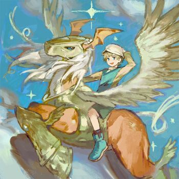  1boy araka101 armor blonde_hair blue_eyes cloud commentary_request covered_eyes digimon digimon_(creature) digimon_adventure_02 digimon_focus feathered_wings flying hat helmet helmet_over_eyes jacket long_hair multicolored_jacket orange_wings pegasmon pegasus riding_digimon short_hair sky star_(sky) takaishi_takeru two-tone_jacket wings 