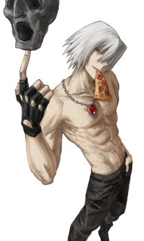  1boy abs absurdres black_gloves black_pants blue_eyes bokkusu98777681 closed_eyes commentary_request dante_(devil_may_cry) devil_may_cry_(series) fingerless_gloves food gloves hand_in_pocket highres jewelry looking_at_viewer male_focus mouth_hold necklace no_nipples pants pectorals pizza pizza_slice short_hair solo teeth_hold white_hair 