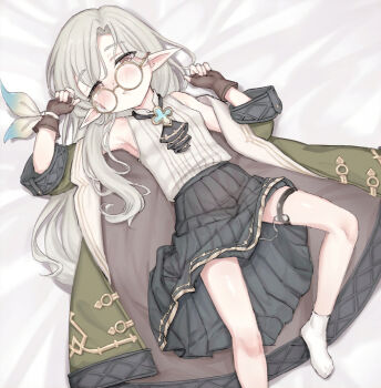  1girl armpits ascot bare_shoulders bed_sheet black_skirt blush breasts brown_eyes brown_gloves coat come_hither fingerless_gloves foot_out_of_frame glasses gloves green_coat jacket liyu_(user_sfpu5743) long_hair looking_at_viewer lying no_shoes on_back on_bed open_clothes parted_lips pleated_skirt pointy_ears princess_connect! round_eyewear sex_toy shirt skirt sleeveless sleeveless_shirt small_breasts socks solo sono_(princess_connect!) spread_legs thigh_strap vibrator vibrator_cord white_shirt white_socks 
