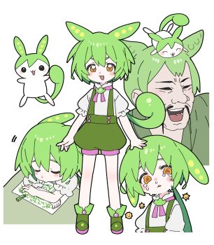 1boy 1girl 1other :3 animal_ears blush_stickers brooch buttons commentary creature_on_head crying crying_with_eyes_open double-breasted double-parted_bangs edamame facial_hair food-themed_brooch frilled_sleeves frills full_body green_hair green_shoes green_shorts highres jewelry long_hair low_ponytail multiple_persona multiple_views neck_ribbon open_mouth pink_ribbon pollen ponytail puffy_short_sleeves puffy_shorts puffy_sleeves ribbon shirt shoes short_sleeves shorts simple_background sleeping sleeping_on_desk sobbing standing suspender_shorts suspenders tail-shaped_hair tears untranslatable_commentary v-shaped_eyebrows voicevox wavy_eyes white_background white_shirt yagidon yellow_eyes zundadon zundamon zundamon_(utau) 