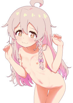  1girl :3 absurdres ahoge alternate_hairstyle blush braid breasts brown_eyes collarbone commentary completely_nude cowboy_shot double-parted_bangs hands_up highres leaning_forward loli long_hair looking_at_viewer navel nipples nude onii-chan_wa_oshimai! oyama_mahiro pink_hair shiina_excel side_braid simple_background single_braid small_breasts smile solo stomach thigh_gap white_background  rating:Questionable score:161 user:danbooru