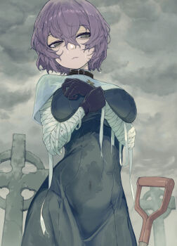  1girl arms_under_breasts bandaged_arm bandages black_choker black_dress black_gloves bouhuman breasts capelet choker cloud commentary_request covered_navel cross dark_cloud dress gloves grave grey_eyes grey_sky hair_between_eyes highres large_breasts looking_to_the_side messy_hair nun original outdoors overcast purple_hair rain raincloud ringed_eyes shovel sky solo tight_clothes tombstone wet wet_clothes wet_hat white_capelet 