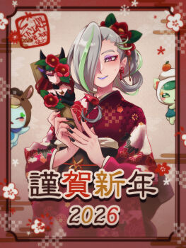  1girl 1x4oyj0ox0titrp 2026 asa_no_ha_(pattern) black_nails blue_lips character_print chinese_zodiac chokkirine_(precure) closed_mouth commentary cuttin_(fairy)_(precure) darkine_(precure) earrings egasumi eyeliner fingernails flower furisode grey_hair hagoita hair_flower hair_ornament hair_over_one_eye hair_pulled_back hair_ribbon hanetsuki happy_new_year highres holding holding_paddle horse_hood japanese_clothes jewelry kagami_mochi kimi_to_idol_precure kimono long_bangs long_hair long_sleeves looking_at_viewer makeup mascara medium_hair new_year obi paddle pointy_ears ponytail precure print_kimono purple_eyeliner red_flower red_hair red_kimono red_ribbon ribbon sash sharp_fingernails smile solo standing translated upper_body wide_sleeves year_of_the_horse zakkurin_(fairy)_(precure) 