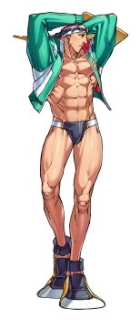  1boy abs absurdres edaki_shin'ya eyewear_on_head flippers full_body game_cg goggles highres jacket justice_gakuen looking_to_the_side male_focus male_swimwear moero!_justice_gakuen muscular muscular_male namikawa_nagare non-web_source official_art pectorals simple_background solo standing swim_briefs swim_cap swim_goggles track_jacket white_background 