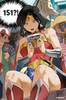  2boys 3girls abs absurdres backwards_hat bracer breasts cape child circlet commentary dc_comics dc_universe_(franchise) earrings english_commentary gold_bracer hat highres holding_game_cartridge jacket jewelry large_breasts lasso lasso_of_truth multiple_boys multiple_girls muscular muscular_female nintendo park_ongjol pokemon pokemon_rgby shirt short_twintails sitting solo_focus speech_bubble star_(symbol) star_earrings superhero_costume surprised surrounded sweatdrop sword t-shirt thought_bubble trading_card twintails wavy_hair weapon wonder_woman wonder_woman_(series) 