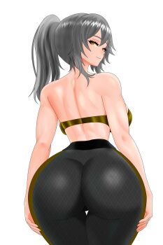  1girl ass ass_focus bare_shoulders blush bra breasts come_hither from_behind grey_hair honkai:_star_rail honkai_(series) huge_ass large_breasts looking_at_viewer looking_back multicolored_hair naughty_face pantyhose ponytail sideboob smile solo stelle_(honkai:_star_rail) trailblazer_(honkai:_star_rail) underwear yellow_eyes yojimbra 