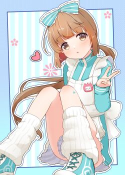  1girl :o apron aqua_background aqua_jacket blue_background blue_bow blue_jacket blunt_bangs blush border bow brown_eyes brown_hair convenient_leg dot_nose dress floral_background frilled_apron frills hair_bow hair_ribbon hand_up head_tilt heart heart_print highres idolmaster idolmaster_cinderella_girls jacket knees_together_feet_apart knees_up leg_warmers legs long_hair long_sleeves looking_at_viewer loose_socks low_ponytail maid maid_apron mouchi_(mouchimochi) name_tag open_mouth outline outside_border parted_lips polka_dot polka_dot_background ponytail ribbon shoes sidelocks sitting sneakers socks solo striped_background striped_bow thighs track_jacket turtleneck turtleneck_jacket two-tone_background unconventional_maid v very_long_hair white_apron white_outline white_socks yorita_yoshino 