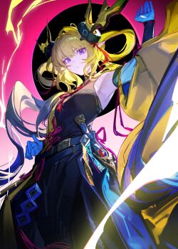  1girl absurdres arknights arm_up bare_shoulders black_dress blonde_hair brown_horns chinese_commentary closed_mouth commentary_request cowboy_shot detached_sleeves dooduck dress gloves hair_rings highres horns leizi_(arknights) leizi_the_thunderbringer_(arknights) lightning long_hair looking_at_viewer pointy_ears purple_eyes sleeveless sleeveless_dress solo standing very_long_hair wide_sleeves yellow_sleeves 