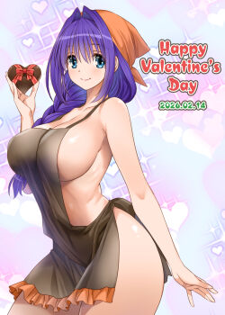  1girl apron bandana blue_eyes braid breasts brown_apron candy chocolate chocolate_heart closed_mouth commentary_request cowboy_shot dated english_text food frilled_apron frills hair_between_eyes hair_intakes hair_over_shoulder happy_valentine heart heart-shaped_food highres holding holding_food kanon large_breasts long_hair looking_at_viewer mature_female minase_akiko mitarashi_kousei naked_apron orange_bandana purple_hair single_braid smile solo standing 