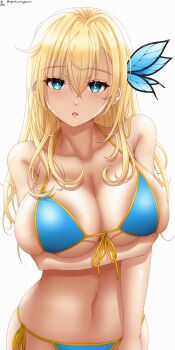 1girl absurdres aportinanystorm artist_name bare_shoulders bikini blonde_hair blue_bikini blue_eyes blush boku_wa_tomodachi_ga_sukunai breasts butterfly_hair_ornament cleavage collarbone curvy female_focus hair_between_eyes hair_ornament highres holding_own_arm kashiwazaki_sena large_breasts long_hair looking_at_viewer navel open_mouth side-tie_bikini_bottom simple_background solo swimsuit tongue white_background  rating:Sensitive score:5 user:Groveman