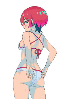  1girl adjusting_clothes adjusting_swimsuit amate_yuzuriha aqua_eyes ass bikini breasts butt_crack commentary criss-cross_halter daoshitaka from_behind gundam gundam_gquuuuuux halterneck highres looking_at_viewer looking_back red_hair short_hair simple_background solo standing swimsuit white_background white_bikini  rating:Sensitive score:7 user:danbooru