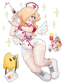  1girl absurdres alternate_costume baby_luma blonde_hair blue_eyes blush closed_mouth commentary detached_wings dress earrings english_commentary eyelashes fishnet_thighhighs fishnets full_body garter_straps hair_over_one_eye hat highres holding holding_pill holding_syringe id_card jewelry long_hair looking_to_the_side luma_(mario) mario_(series) mineru128127 necktie nintendo nurse nurse_cap pill red_necktie rosalina shoes short_dress short_sleeves star_(symbol) star_earrings stethoscope syringe syrup thighhighs white_background white_dress white_shoes wings wristband 