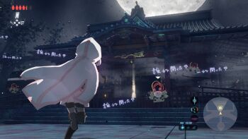  1girl bamboo black_boots black_shorts black_sky bodystocking boots cloak commentary_request foot_out_of_frame from_behind full_moon hood hood_up hooded_cloak japanese_clothes lace-up_boots leg_up magia_record:_mahou_shoujo_madoka_magica_gaiden mahou_shoujo_madoka_magica miko miniskirt moon night nintendo outdoors parody path pink_hair pink_skirt pleated_skirt road samidare_(hoshi) short_hair shorts shorts_under_skirt skirt sky stairs tamaki_iroha the_legend_of_zelda the_legend_of_zelda:_breath_of_the_wild thigh_boots user_interface uwasa_(madoka_magica) white_cloak wind 