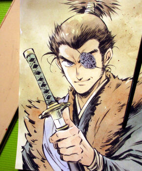  1boy agahari art_tools_in_frame black_hair blue_eyes blue_kimono chasenmage closed_mouth commentary_request eyepatch fighting_stance fur_(clothing) hand_up holding holding_sheath holding_sword holding_weapon japanese_clothes kataginu katana kimono looking_at_viewer male_focus motoyui painting_(medium) photo_(medium) ready_to_draw sheath sheathed short_hair smile solo sword traditional_media upper_body weapon yagyuu_juubei_(yaiba) yaiba 